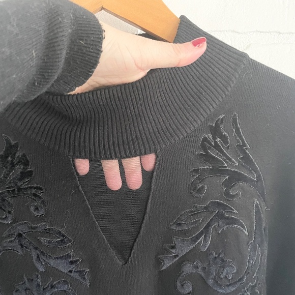 Vintage Y2K Knit Sweater Sheer mesh Burnout Velvet sleeve Damask Goth Black L - Picture 14 of 15